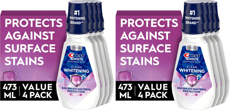 Crest 3D White Glamorous White Alcohol Free Multi-Care Whitening Mouthwash, Hydrogen Peroxide Mouthwash, Arctic Mint, 16 fl oz (473 mL) - Pack of 4,