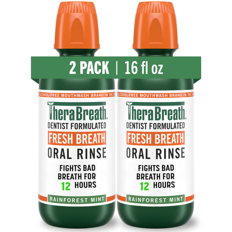 TheraBreath Fresh Breath Mouthwash, Rainforest Mint, Alcohol-Free, 16 Fl Oz (2-Pack)