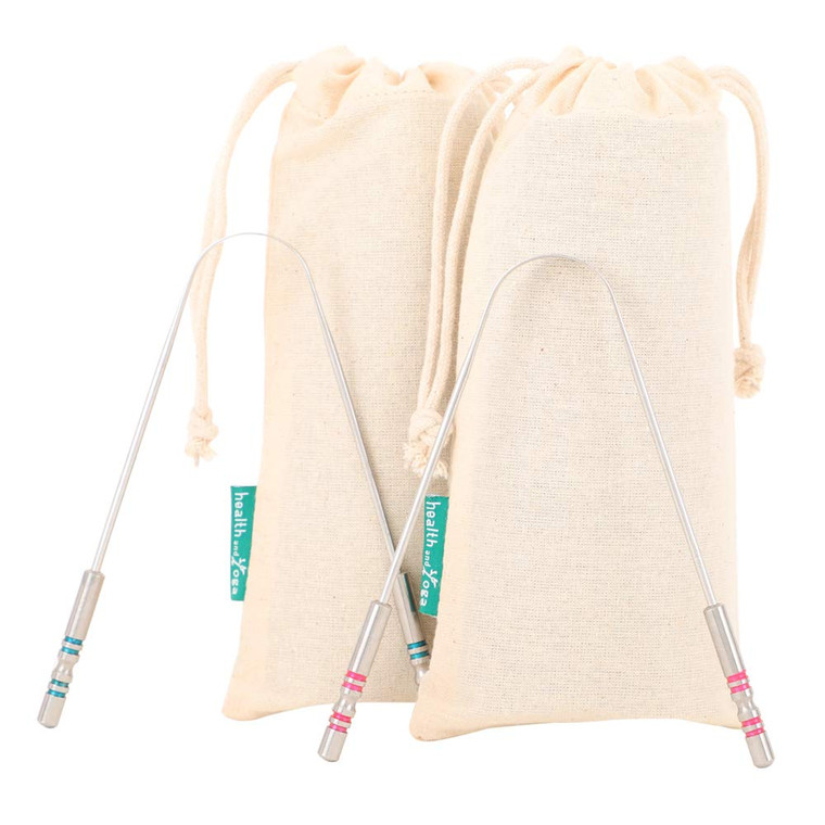 HealthAndYoga SteloSwipe His and Hers Premium Tongue Cleaners for Partner and You (2 pcs) - Quality Steel Tongue Scrapers with Color Identifying Hyg