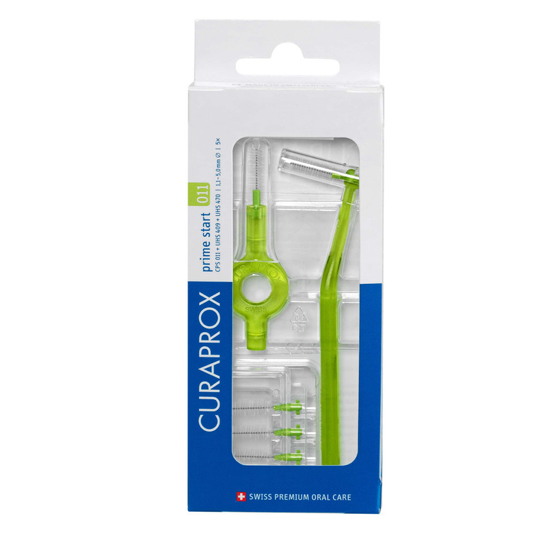 Curaprox Interdental Brush Starter Set CPS 011 Prime  ISO Size 3, Green | Includes 5 Brushes & 2 Holders for Effective Cleaning of Narrow Spaces | S