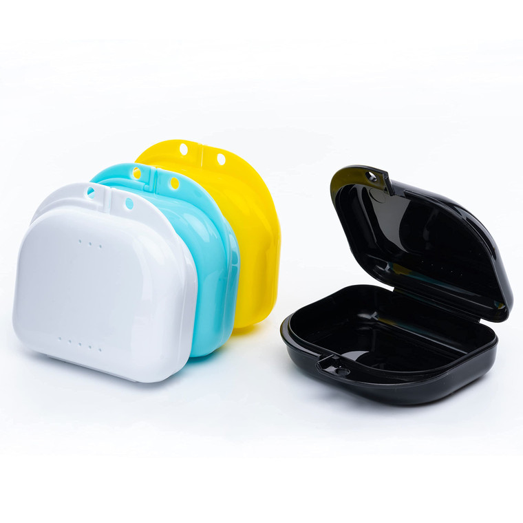 BOOMIBOO Retainer Case with Vent Holes, 4 Pcs Denture Cases, Durable & Similar Mouth Guard Case for Black, White, Yellow and Blue - Tight Snap Lock,
