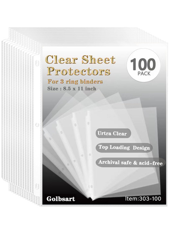 Sheet Protectors 8.5 x11 Inch, 100 Pack Page Protectors for 3 Ring Binder, Top Loading Plastic Sleeves with Reinforced 3-Hole Punch for Binders, Lett