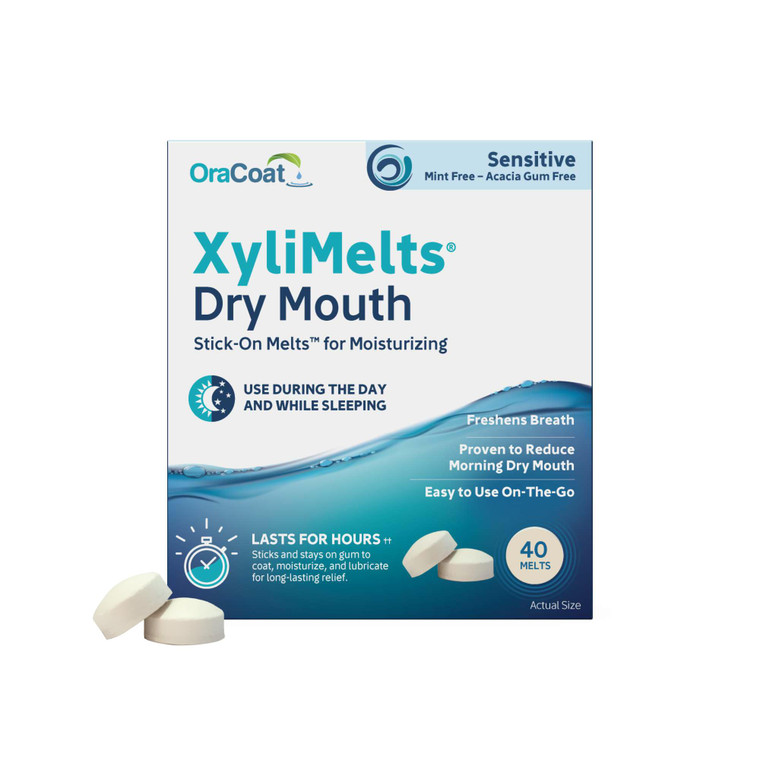 OraCoat XyliMelts Dry Mouth Relief Stick-On-Melts for Sensitive Mouths, Mint-Free and Acacia Gum-Free with Xylitol, 40 Count, Non-Acidic, Day & Night