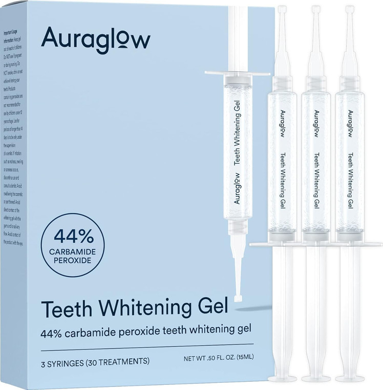 AuraGlow Teeth Whitening Gel Syringe Refill Pack, 44% Carbamide Peroxide, (3X) 5ml Syringes