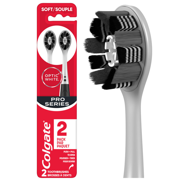 Colgate Optic White Pro Series Charcoal Toothbrushes, Adult Soft Toothbrushes with Charcoal Spiral Bristles, Helps Polish Away Surface Stains and Whi