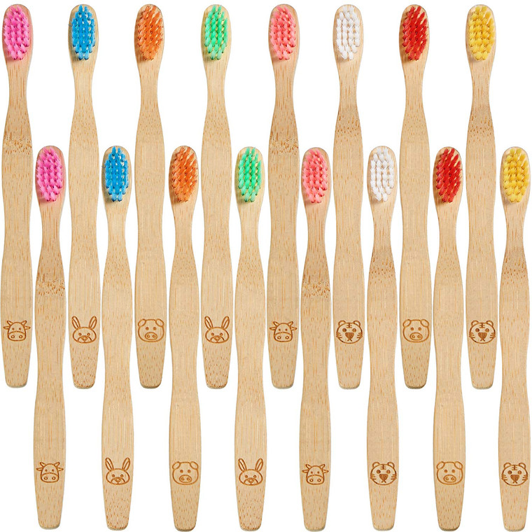 Boao 16 Pcs Kids Bamboo Toothbrush Soft Bristle Natural Toothbrush Wooden for Kids with Colorful Bristles and Ergonomic Animal Designs Handles