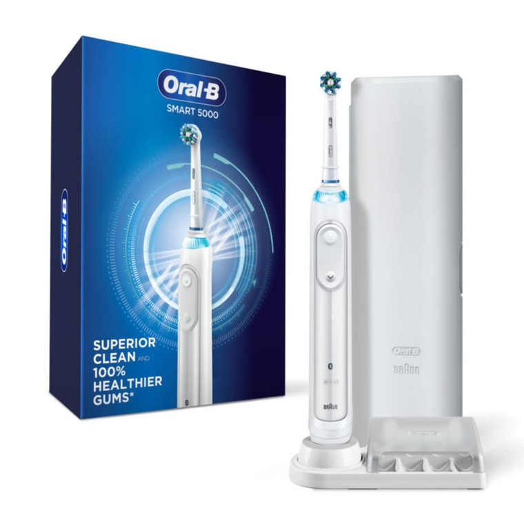 Oral-B Smart 5000 Rechargeable Electric Powered Toothbrush, Black with Travel Case and Bluetooth - Visible Pressure Sensor to Protect Gums - 5 Cleani