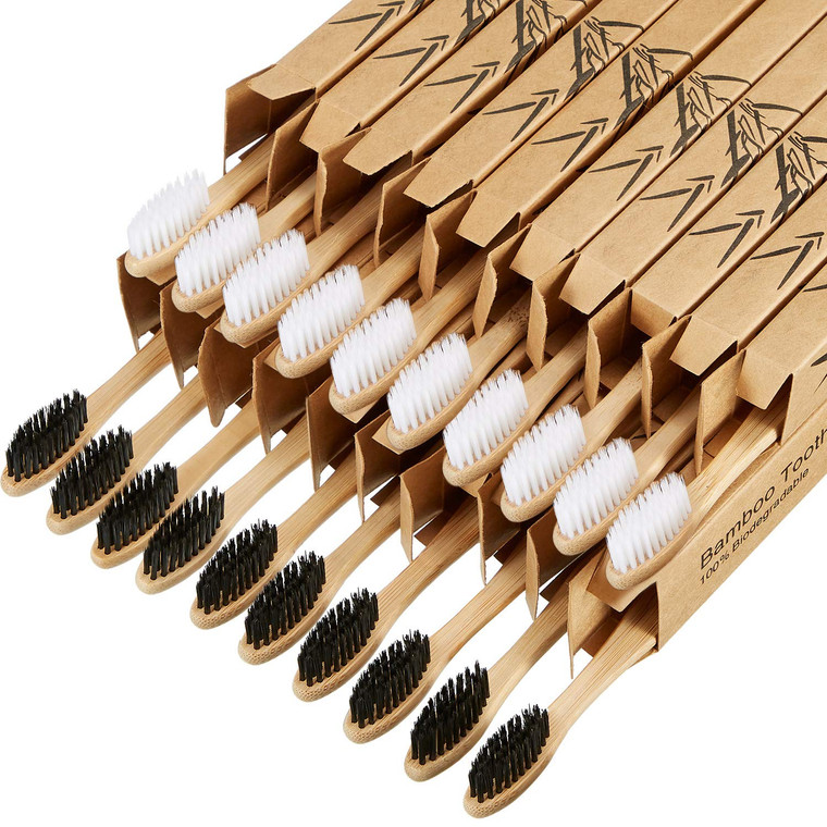 Boao 20 Count Bamboo Toothbrushes Soft Bristle Wooden Charcoal Toothbrushes Bulk for Adults Reusable Travel