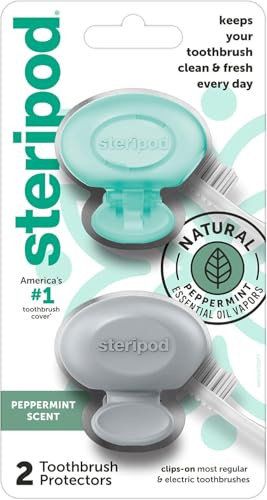 Steripod Clip-On Toothbrush Protector with Peppermint Essential Oils, Keeps Toothbrush Fresh and Clean, Travel Accessories, Fits Most Manual and Elec