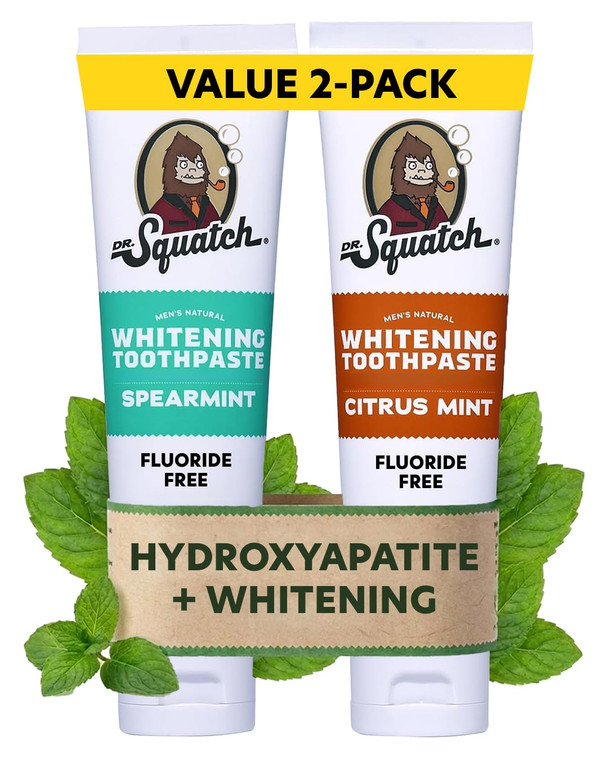 Dr. Squatch Hydroxyapatite Toothpaste Whitening - Natural, Fluoride-Free Toothpaste - Enamel Support - Day & Night Set - Citrus Mint & Spearmint, (4.