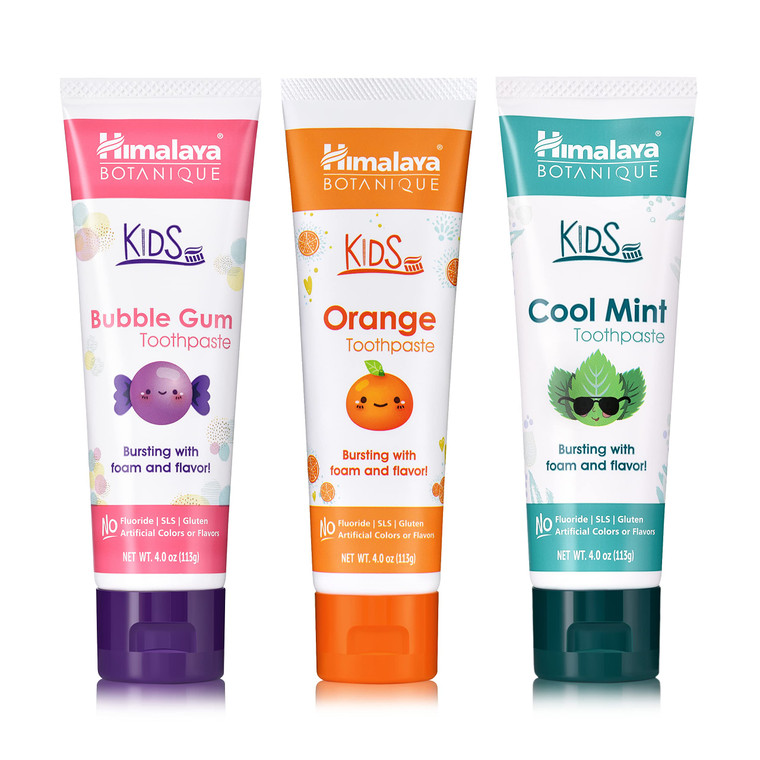 Himalaya Botanique Kids Toothpaste with Xylitol, Variety Pack of Bubble Gum, Orange & Cool Mint - Fluoride Free Toothpaste - Vegan, Gluten Free, No A
