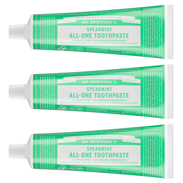 Dr. Bronners All-One Toothpaste Pack of 3 Spearmint, 5 oz Fluoride-Free Toothpaste for Adults, SLS-Free, 70% Organic & Natural Ingredients, Vegan,