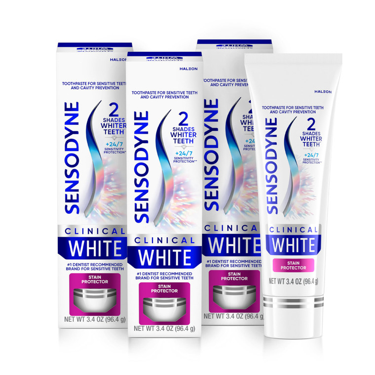 Sensodyne Clinical White Toothpaste Clinically Proven Whitening for Sensitive Teeth, Stain Protector, 3.4 oz x 3