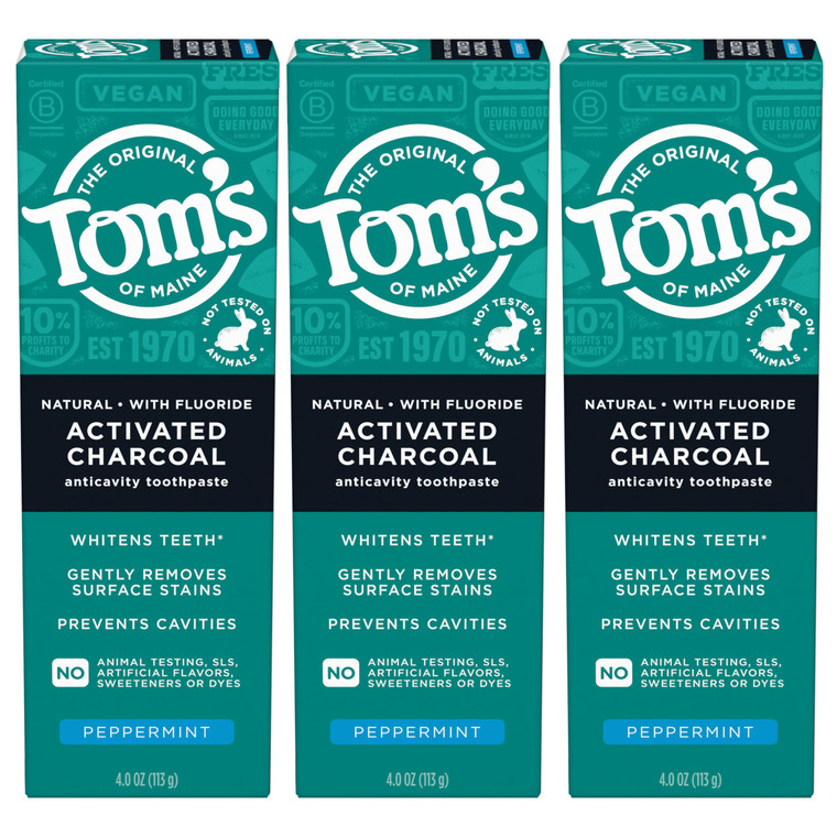 Tom's of Maine Activated Charcoal Whitening Toothpaste with Fluoride, Peppermint, 4.7 oz. 3-Pack (Packaging May Vary)