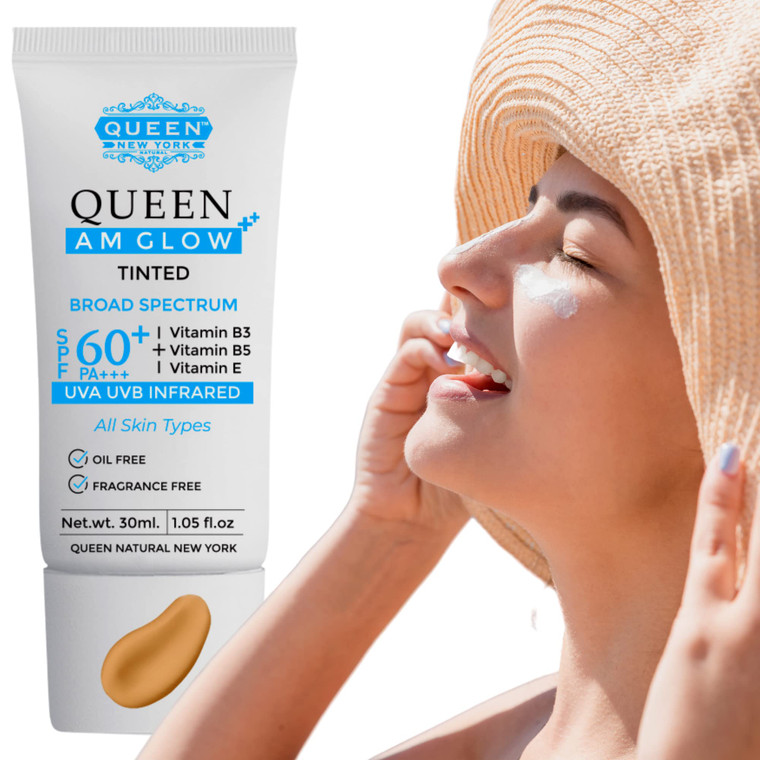 QUEEN AM GLOW | TINTED SunScreen SPF 60 Primer-Anti Aging, Face Moisturizer- Vitamin B3, B5, E- Non-Greasy, Silky Touch, oil free, fragrance free by