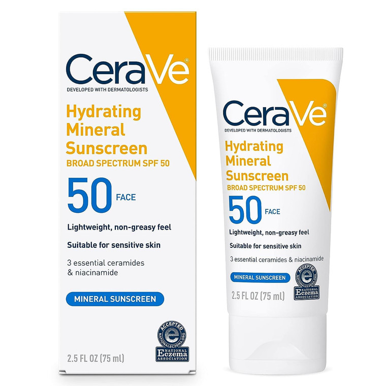 CeraVe 100% Mineral Sunscreen SPF 50, Face sunscreen With Zinc Oxide & Titanium Dioxide, Hyaluronic Acid + Niacinamide + Ceramides, Oil Free, Travel