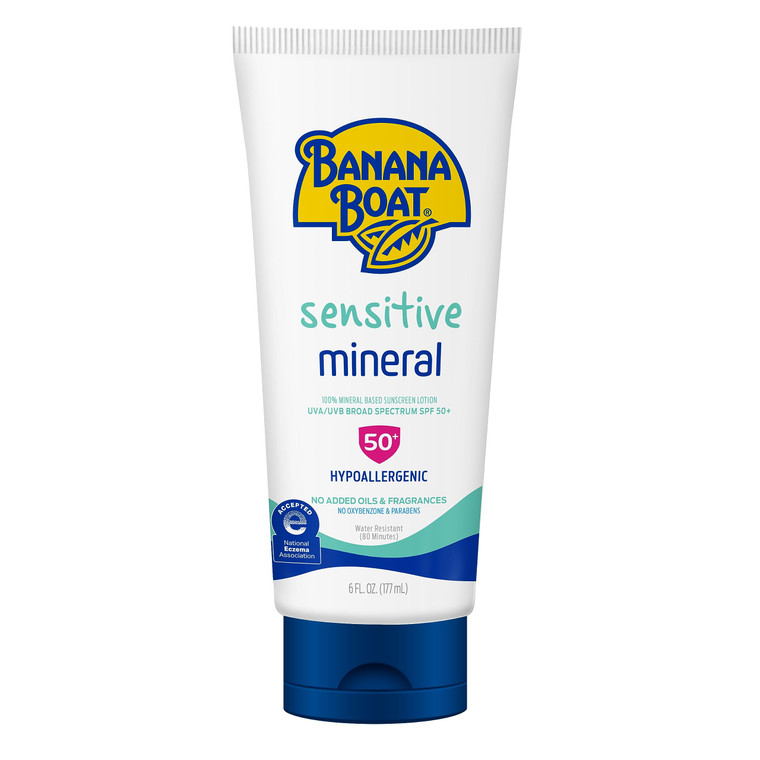 Banana Boat Sensitive 100% Mineral Sunscreen Lotion SPF 50, 6oz | Body Sunscreen, Sensitive Skin Sunblock, Oxybenzone Free Sunscreen, Banana Boat Min