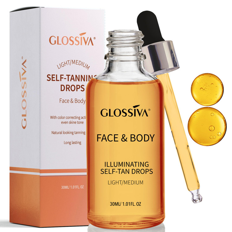 Glossiva Self Tanning Drops - Sunless Tan for a Sun-Kissed Bronze - Beauty Skin Self Tanner - Gradual Glow for Face and Body - Long-Lasting for a Wee