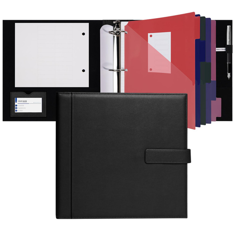 POPRUN PU Leather 2 Inch 3 Ring Binder, Professional Business Organizer- Includes PP Dividers, 100GSM / Grade AA Filler Papers, Card &Sticker for Tab
