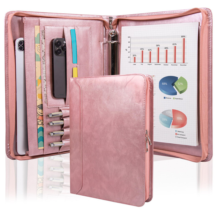 AZXCG Leather Padfolio for Women,Zippered Padfolio with 3 Ring Binder,Business Portfolio Organizer for Women with A4 Writing Pad Holder, Portfolio Bi