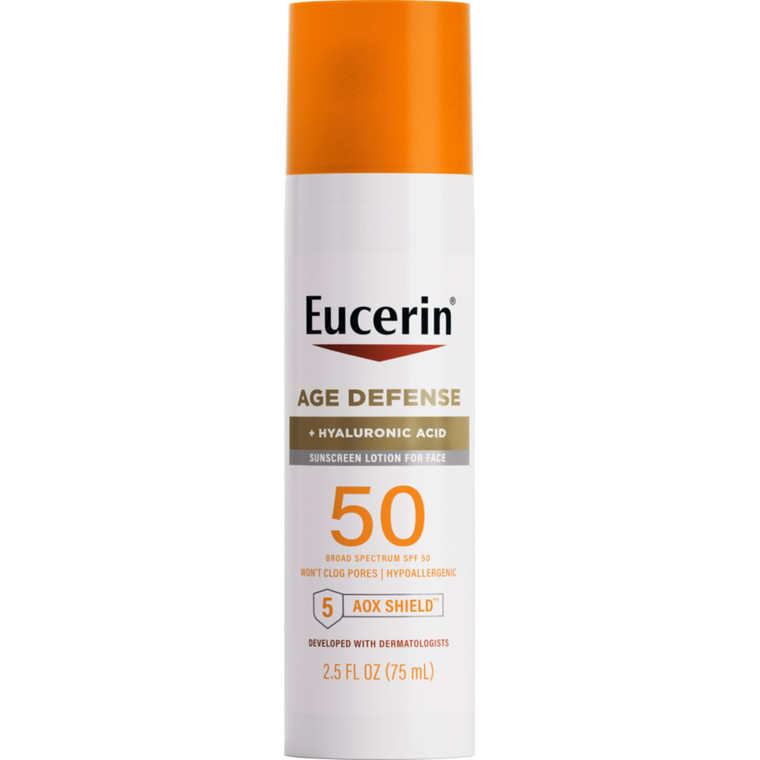 Eucerin Sun Age Defense SPF 50 Face Sunscreen Lotion with Hyaluronic Acid, Hypoallergenic, Non-Comedogenic Sunscreen SPF 50 Free of Fragrance, Oxyben