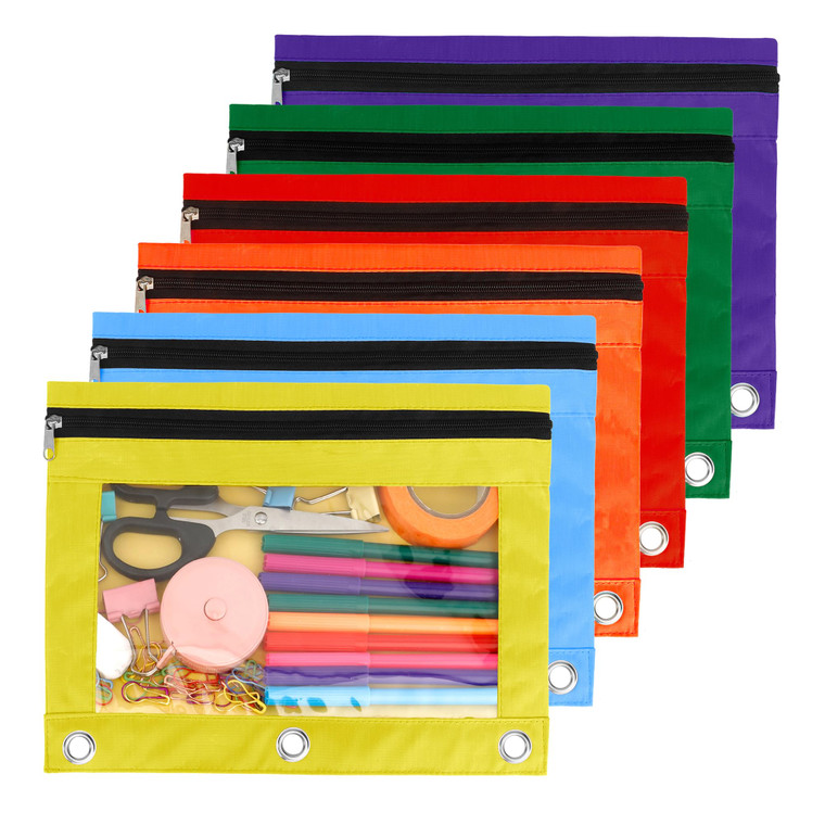 Pencil Pouch for 3 Ring Binder, 6 Pack Pencil Bags with Zipper, Large Capacity Pencil Case for Binder Assorted Color Pencil Case Pouch with Clear Win