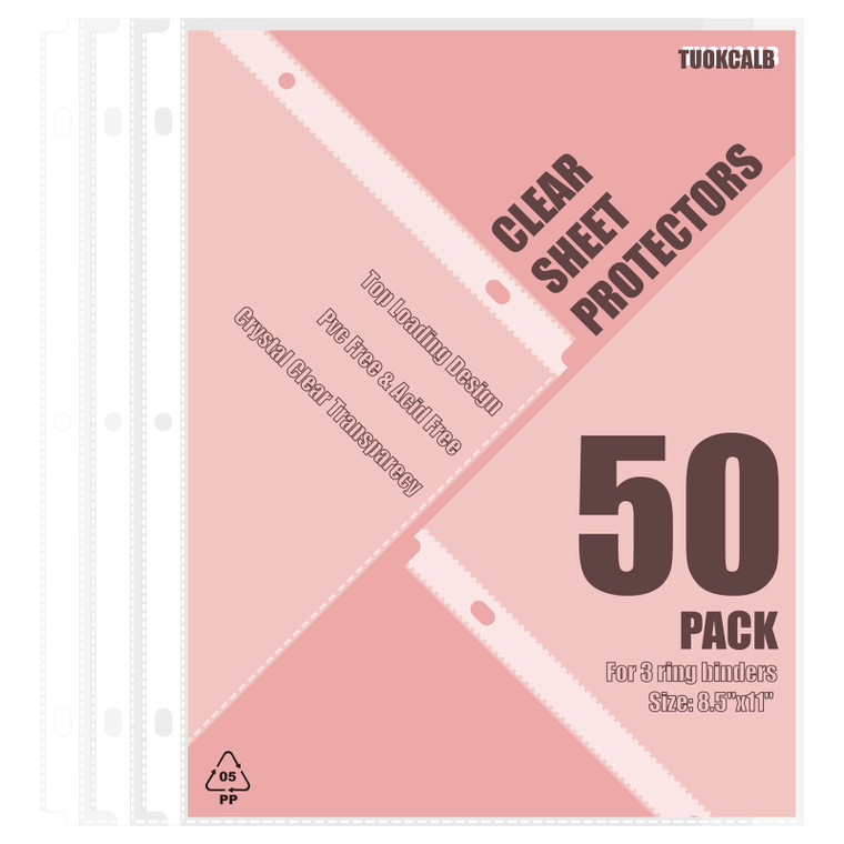 TUOKCALB 50 Pack Clear Sheet Protectors for 3 Ring Binder, Polypropylene Acid-Free Material, 8.5 x 11 Inch Letter Size, Protector of Your Documents