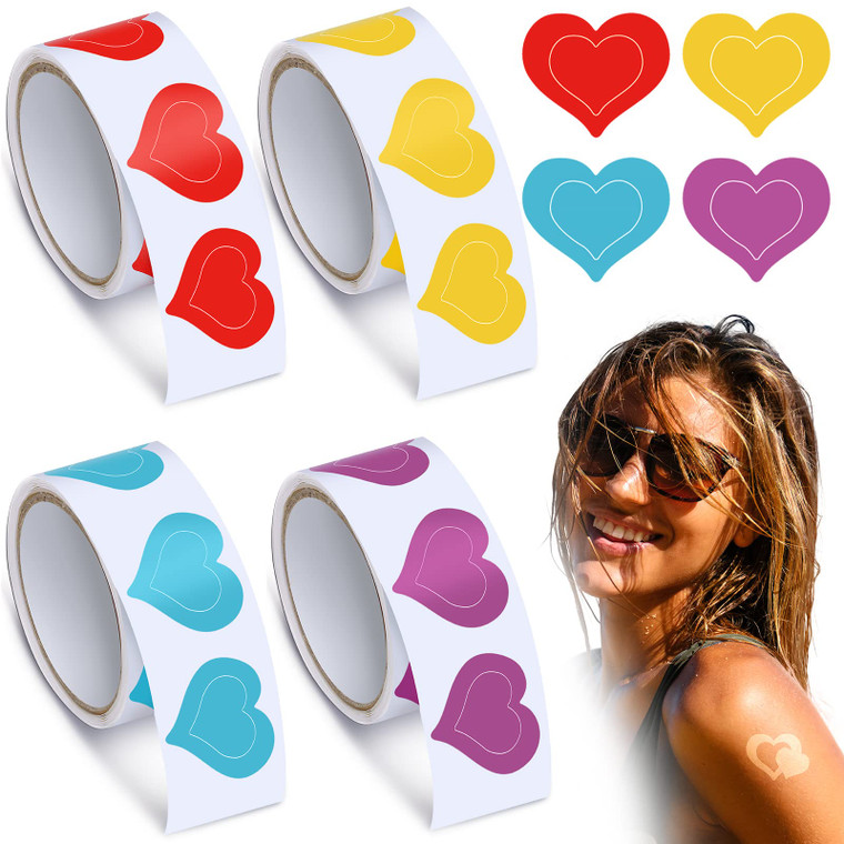 Fainne 400 Pieces Tanning Bed Stickers for Body Heart Labels Perforated Self Adhesive Small Sun Stickers for Tanning, 100 Pieces Per Roll, 1.2 x 0.8