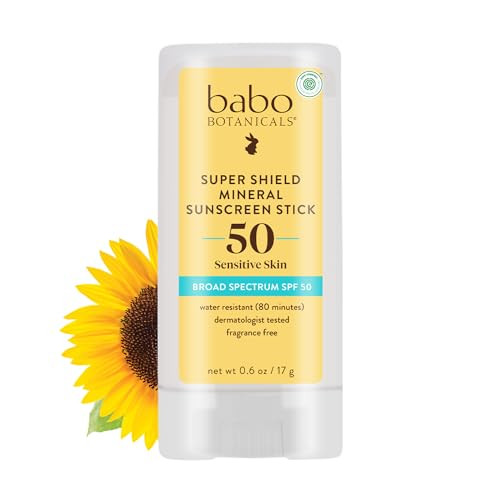 Babo Botanicals Super Shield SPF 50 Stick Sunscreen - 70% Organic Ingredients - Natural Zinc Oxide - For all ages - NSF & MADE SAFE Certified - EWG V