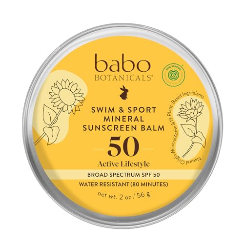 Babo Botanicals Swim & Sport Mineral Sunscreen Balm SPF50 - Natural Zinc Oxide - For Face & Body - For all Ages - Dermatologist Tested - Cruelty-Free