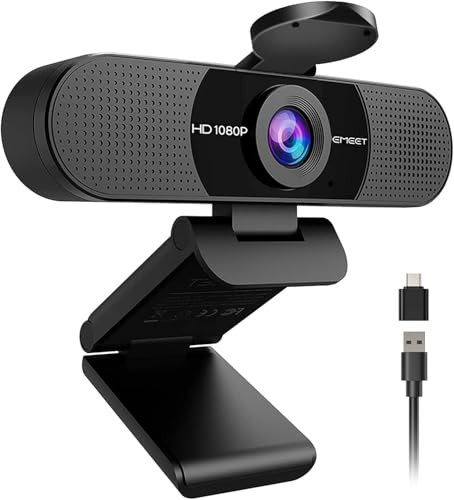 EMEET 1080P Webcam with Microphone, C960 Web Cam, 2 Mics, 90° FOV, USB Type-A & A-to-C Adapter, Plug&Play Computer Camera for Online Calling, Zoom/Te