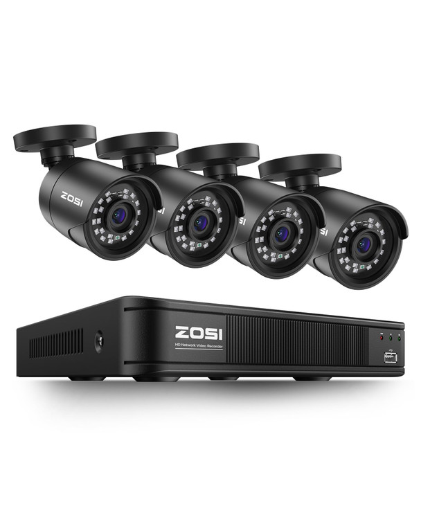 ZOSI 8CH 5MP 3K Lite Surveillance Wired Security Camera System with AI Human Vehicle Detection, 8 Channel H.265+ DVR and 4 x 1080p Bullet Camera Outd