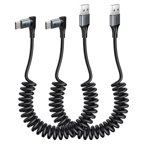 SUNGUY Right Angle Coiled USB C Cable 5FT [Comfortable Length: 1.3-3.3FT], 2Pack 90 Degree USB-A to USB-C Cable Android Auto Carplay, Type C Cord for