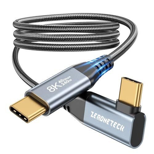 ZeroneTeck USB C Monitor Cable 8K@60Hz/4K@144Hz, 40Gbps High Speed Data Transfer, Right Angle Display Video Cable, 90 Degree USB C 3.2 Gen 2x2 240W P