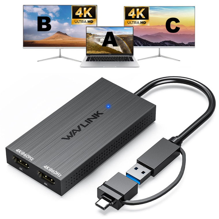 WAVLINK USB 3.0 & USB C to Dual HDMI Adapter 4K@60Hz for 2 Monitors, DisplayLink USB C HDMI Adapter for Dual Monitor, for Mac M1/M2/M3, Windows, Chro
