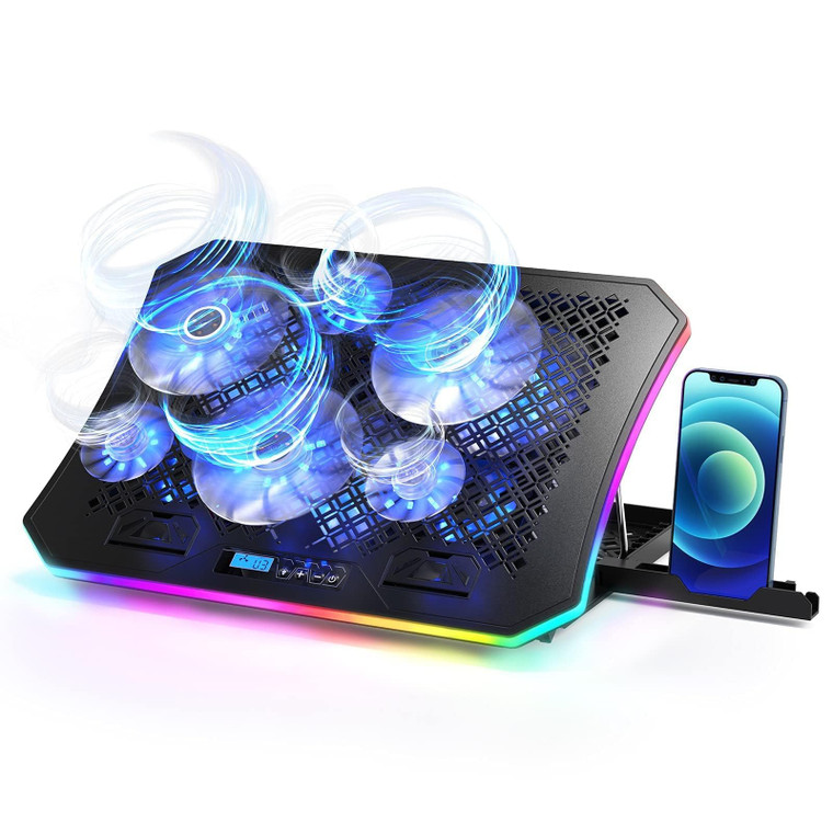 KeiBn Upgarde Laptop Cooling Pad, RGB Lights Laptop Cooler 6 Fans for 15.6-17.3 Inch Laptops, 7 Height Stands, 10 Modes Light, 2 USB Ports, Desk or L