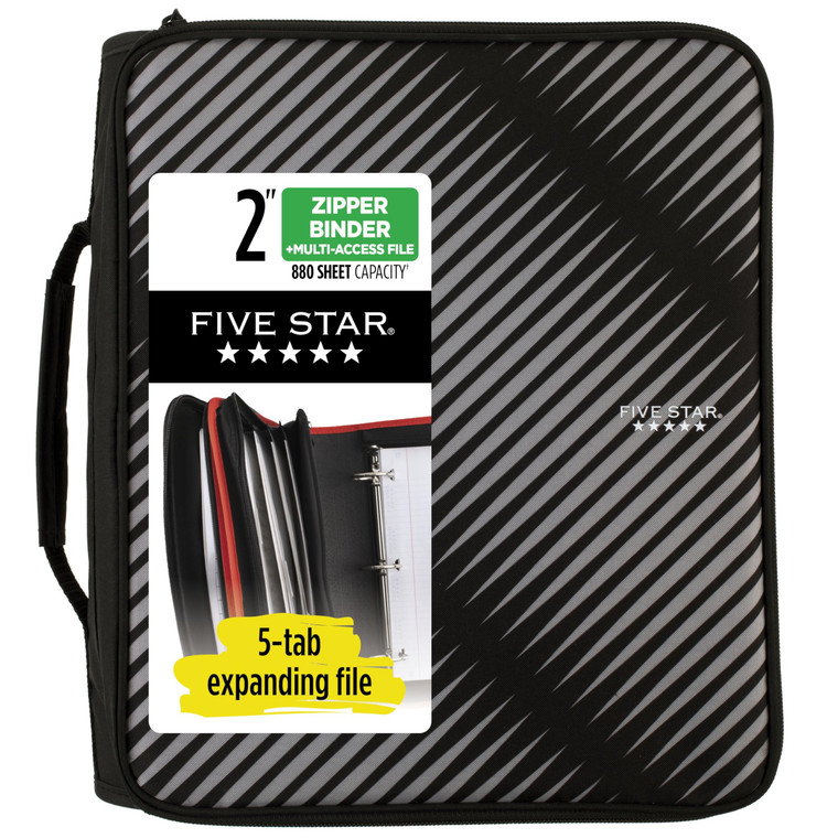 Five Star Zipper Binder, 2 Inch 3-Ring Binder with Round Rings, 5-Tab Expanding File, 380 Sheet Capacity, Black (72536)