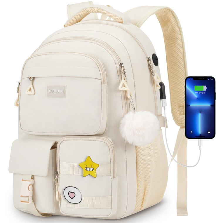 kadilong Cute Middle High School Bags Bookbag for Teen Girls,Laptop Backpack for Women,Back Pack Knapsack for College Student(Beige)