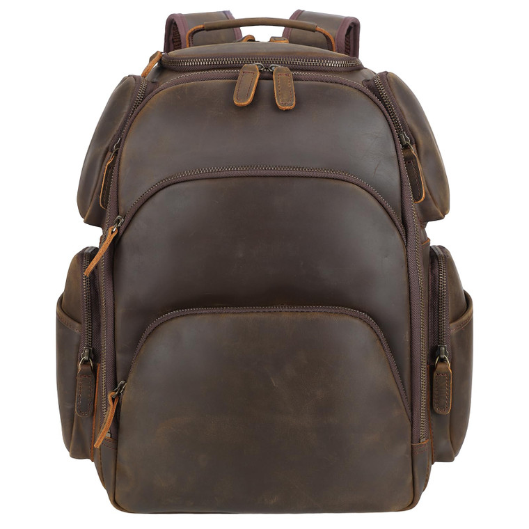 TIDING Vintage Full Grain Leather 16 Inch Laptop Backpack for Men Multi Pockets Travel Rucksack Weekend Business Daypack_Large