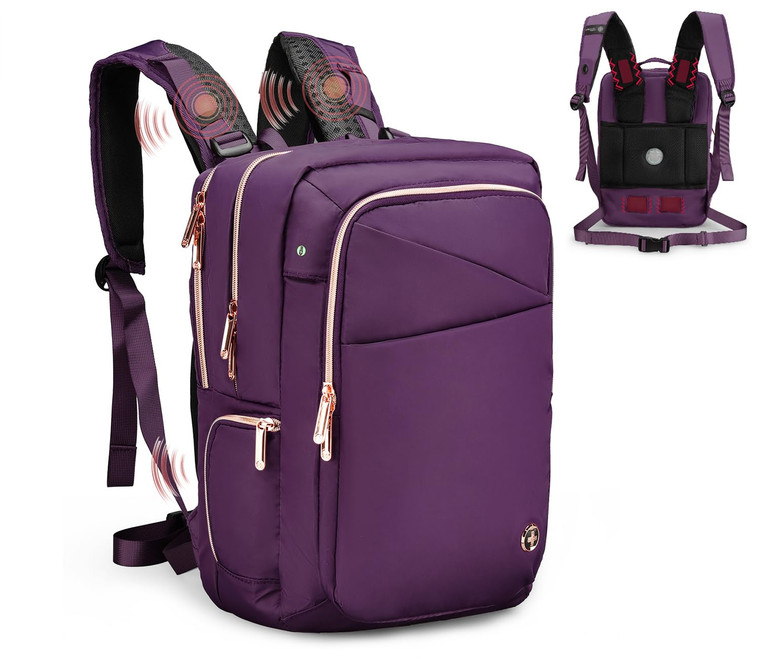 Swissdigital Design Massage Backpack for Women, Fits 15.6 Laptop, USB-A Charging, Commute, Short hual travel with Built-In Shoulder Massager, Purple