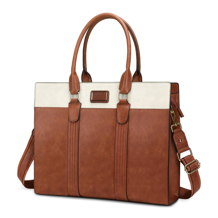 MOSISO Laptop Bag for Women, 15.6 inch PU Leather Laptop Tote Work Bags, 15.6-16 inch Large Capacity Double Vertical Stripes Computer Briefcase Water