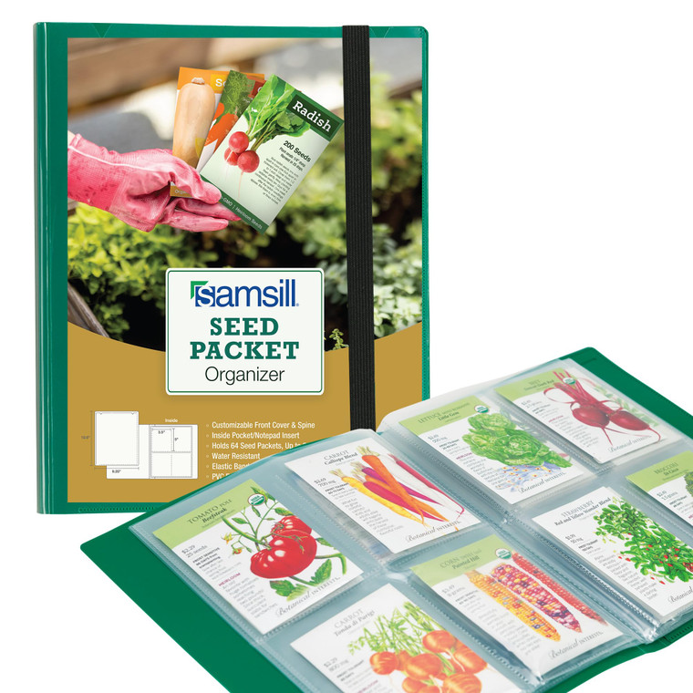 Samsill Seed Organizer, 4 Pocket Reusable Garden Storage Protector, 3.5" x 5" Clear Sleeves, Planner, 32 Pockets, Holds Up to 64 Packets, Green