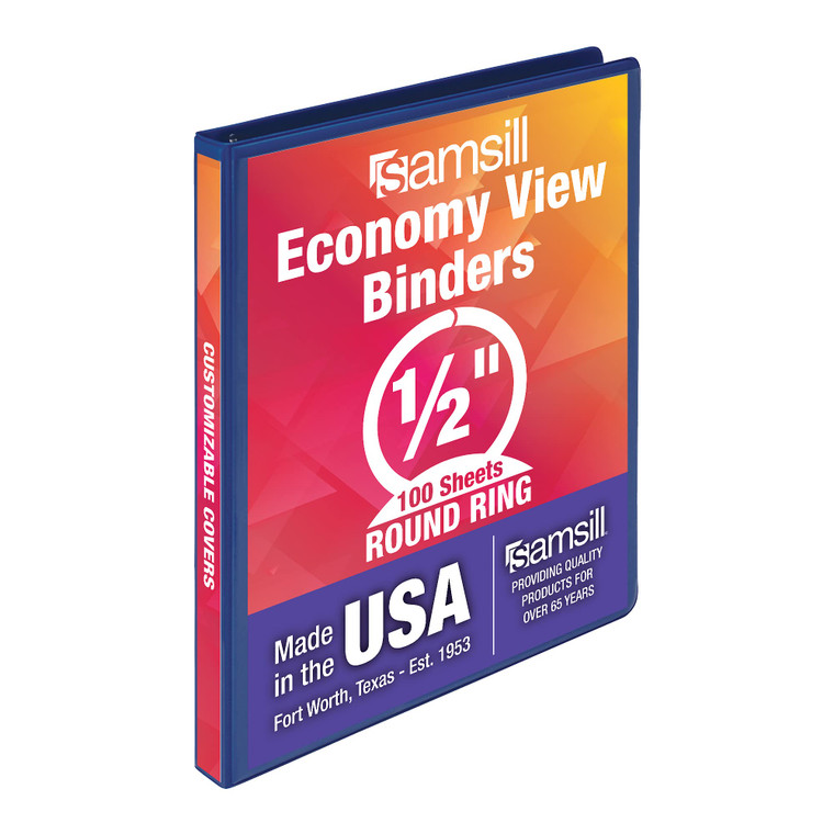 Samsill Economy 0.5 Inch 3 Ring Binder, Made in The USA, Round Ring Binder, Customizable Clear View Cover, Blue