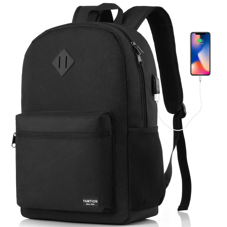YAMTION Black Backpack for Women Men,Casual School Backpack Teen Boys and Girls 15.6 Inch Laptop Bookbag with USB Charger for College High School Tra