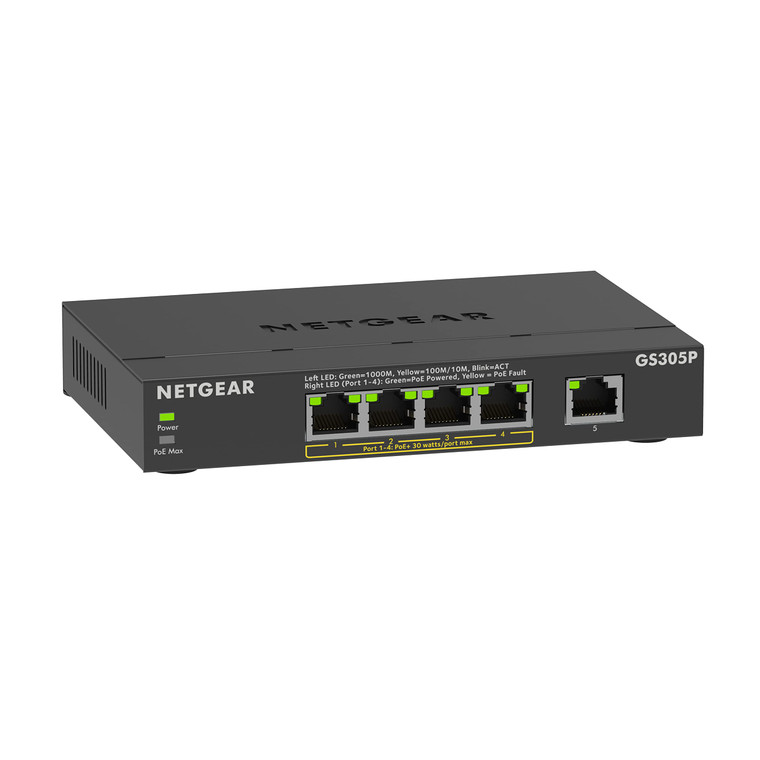 NETGEAR 5-Port PoE Gigabit Ethernet Unmanaged Essentials Switch (GS305P) - with 4 x PoE+ @ 63W, Desktop or Wall Mount