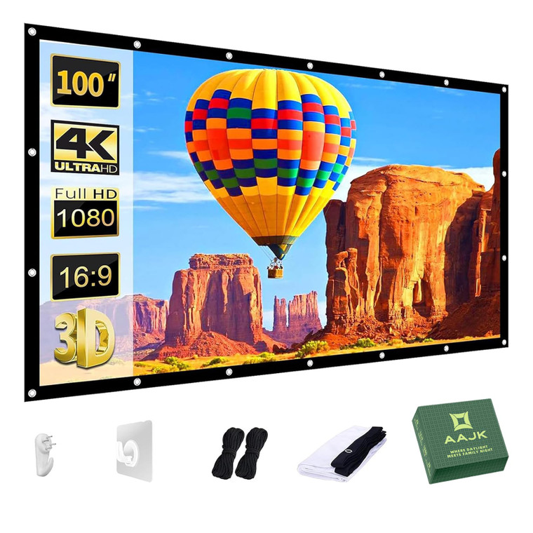 AAJK Projector Screen 100 inch, Washable Projector Screen 16:9 Foldable Anti-Crease Portable Projector Movies Screen for Home Theater Outdoor Indoor