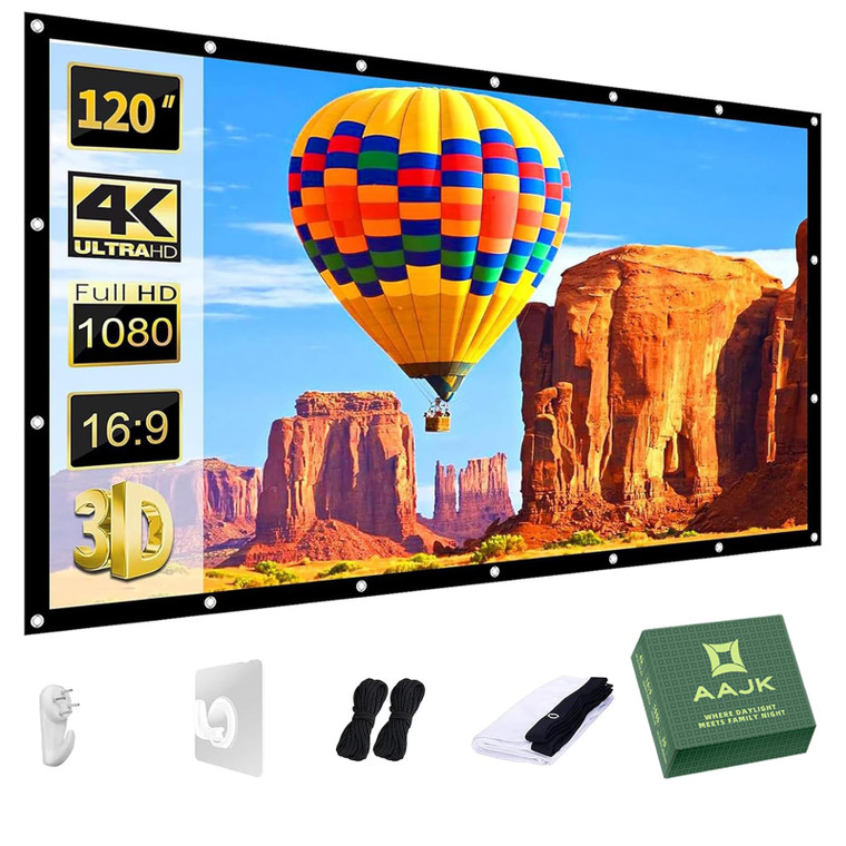 AAJK Projector Screen 120 inch, Washable Projector Screen 16:9 Foldable Anti-Crease Portable Projector Movies Screen for Home Theater Outdoor Indoor
