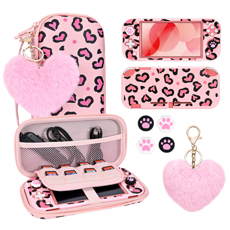 DLseego Love Leopard Carrying Case for Switch Lite 2019 Accessories Set, Portable Carrying Case with 1 Hard PC Shell & 8 Slots & 1PCS Plush Heart Pen