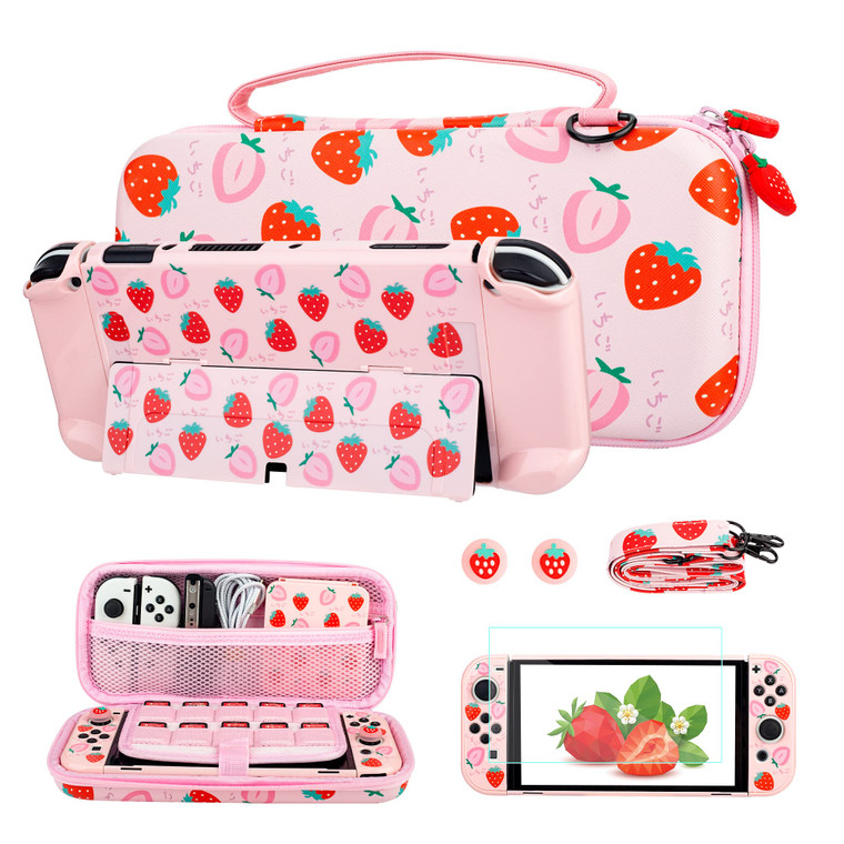 FUNDIARY Strawberry Pink Carrying Case for Nintendo Switch OLED, Cute Travel Case Protector for Switch oled Accessories with Strawberry Carry Bag Pin