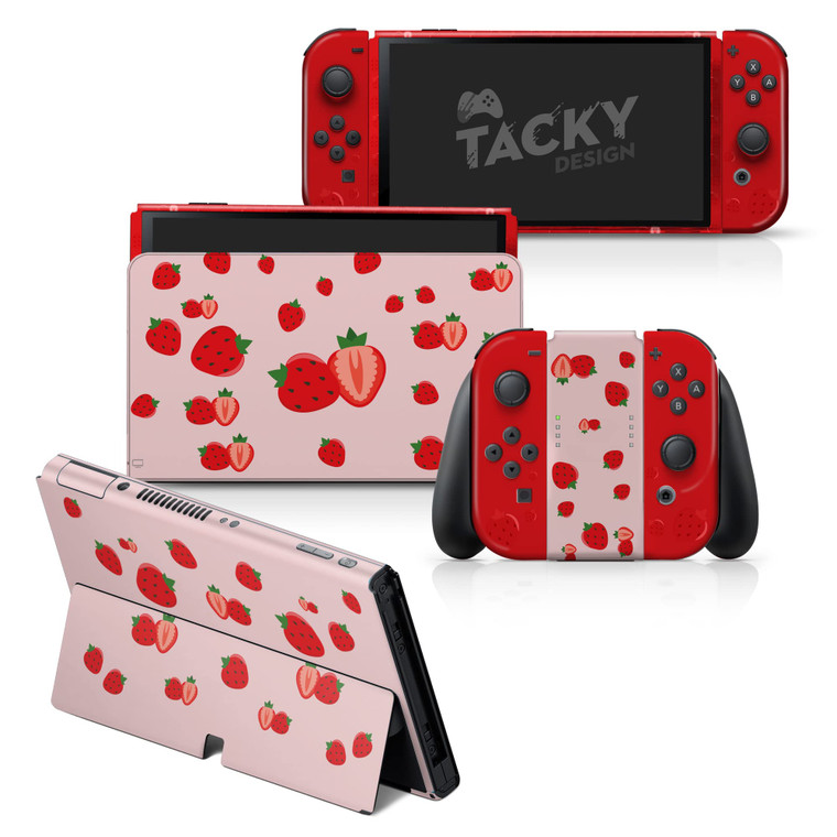 Tacky Design Strawberry Skin Compatible Nintendo Switch OLED Wrap Cover - Pink Skin, Premium Vinyl 3M Full Wrap Decal for Joy-Con, Console, Dock